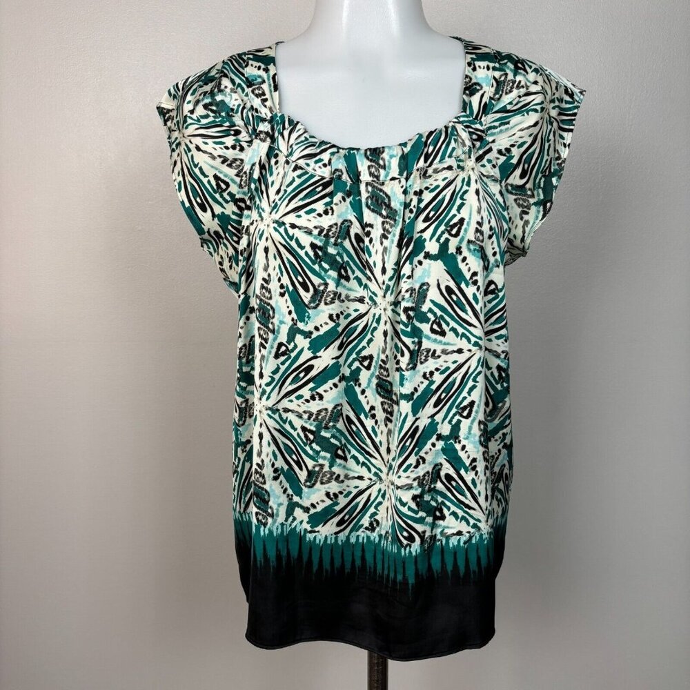 Ann Taylor Top MP Teal Green Black Ivory Short Sleeve Blouse Medium Petite Women